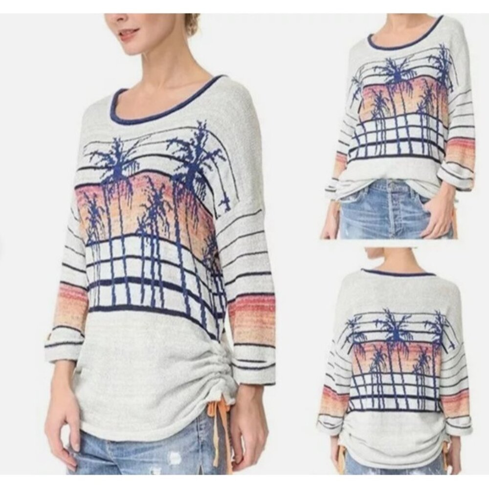 Free People Blue Palm Tree Sunset Striped Sweater W/ Cinch, Size XS